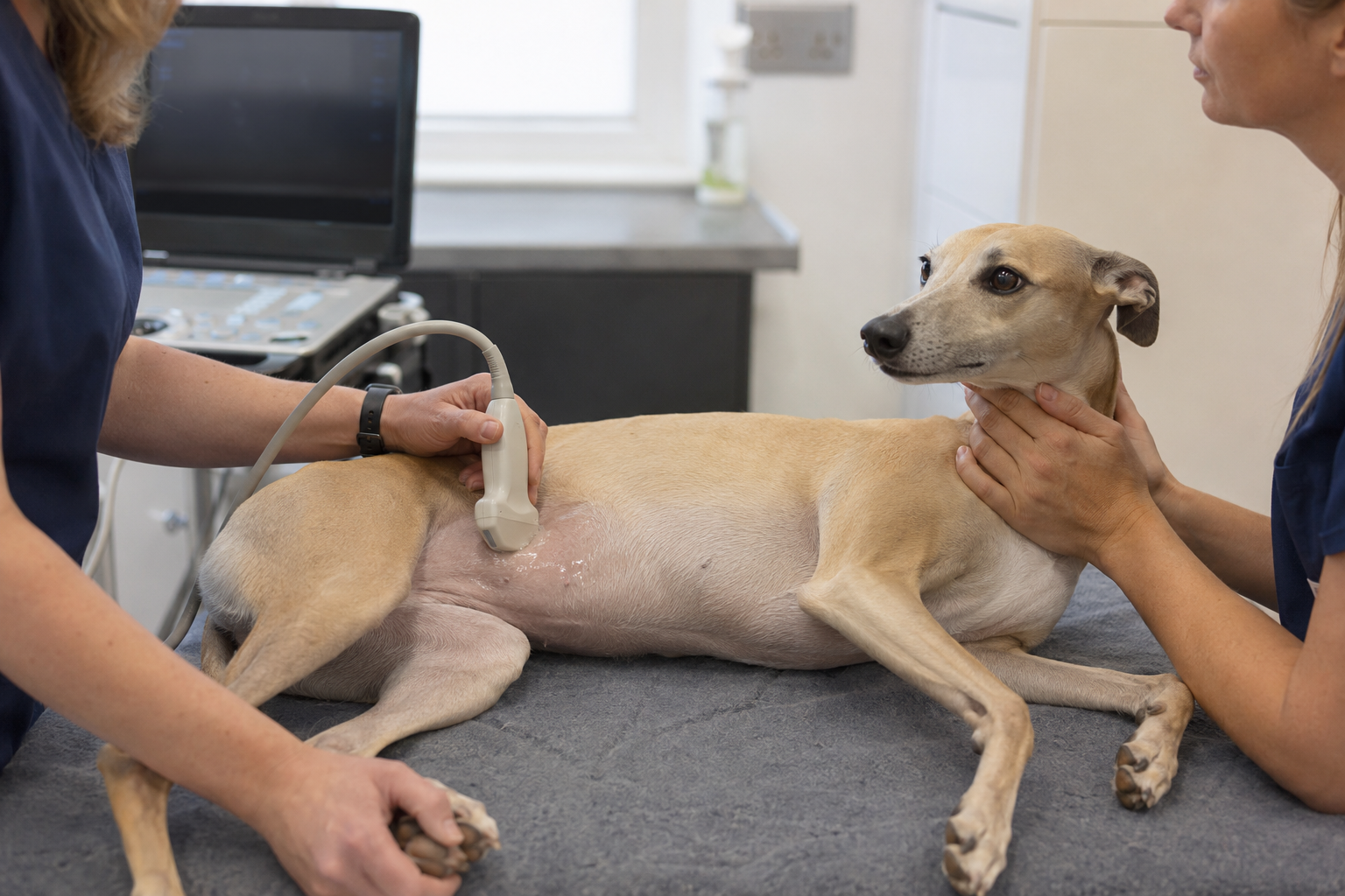 Veterinář provádí pečlivý ultrazvuk ledvin u vyšetřovaného psa